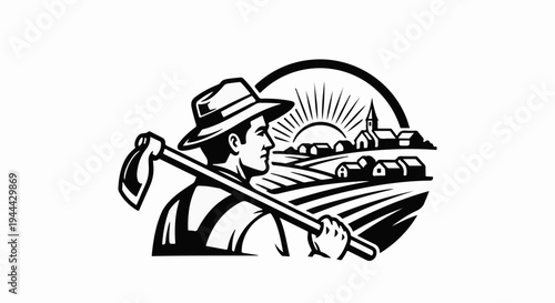 Farmer with hoe surveys village and sunlit fields at dawn