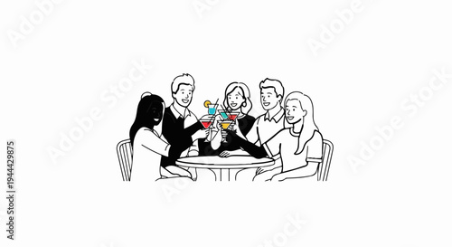 Five smiling people toasting cocktails at a round table