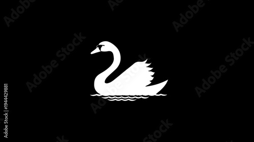 A graceful white swan silhouette floats calmly on water waves, set against a solid black background