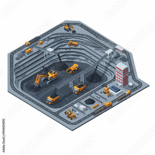 Isometric Open Pit Mine with Heavy Machinery and Infrastructure.