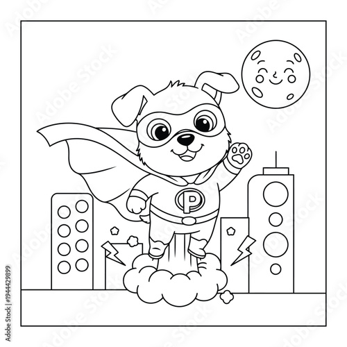Superhero puppy flying over city skyline with cape outline coloring page illustration