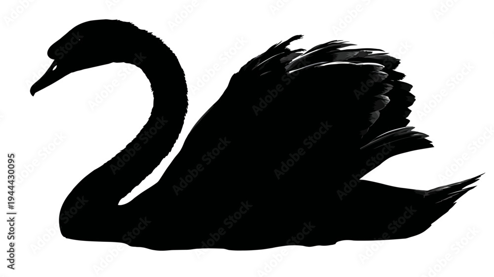 Obraz premium A silhouette of a graceful waterbird with a long, curved neck and textured wing detail, black