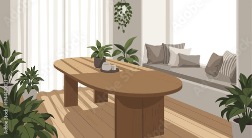 Cozy Dining Area with Wooden Table and Lush Green Plants in Natural Light