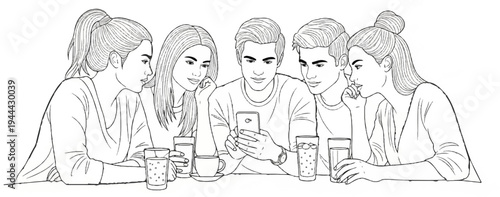 Five young friends sharing a smartphone and drinks, line drawing