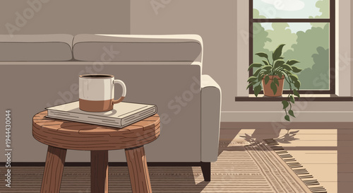 Cozy Home Living Room with Coffee, Book, and Plant by Window