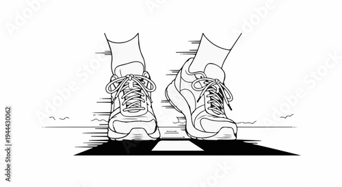 Feet in athletic shoes walking on a path with speed lines