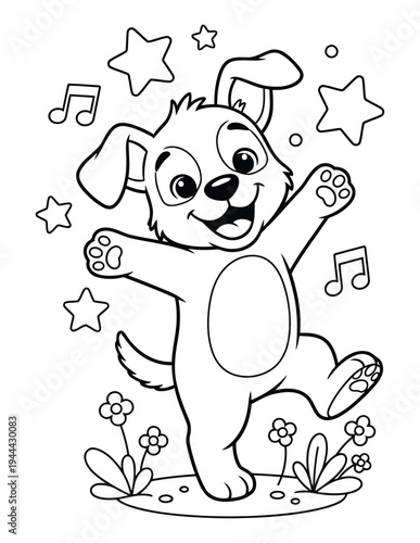 Puppy dancing happily with music notes and stars cute outline coloring page illustration