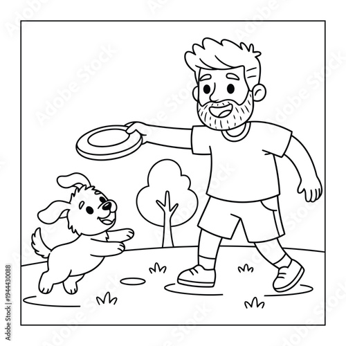 Man playing frisbee with happy puppy in park outline coloring page illustration