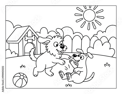 Puppies playing together in backyard near doghouse cute outline coloring page scene
