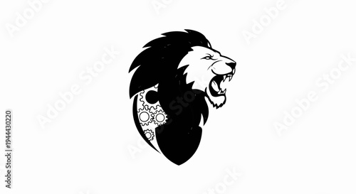 Ferocious lion head with mechanical gears in its mane