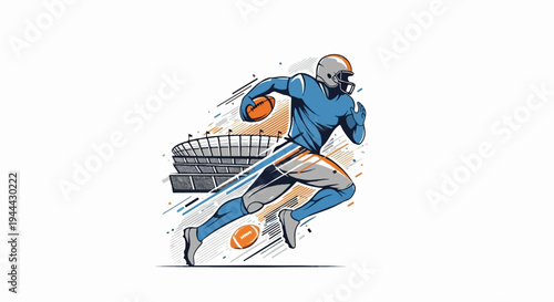 Dynamic illustration of a football player running with a stadium in background