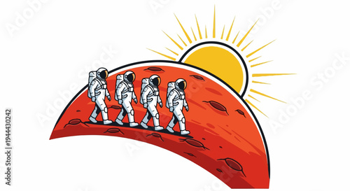 Four astronauts walk across a red planet surface with a sun setting