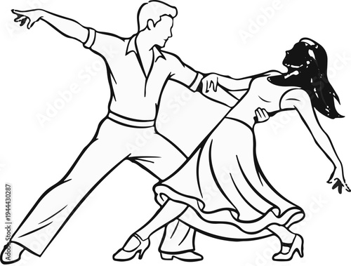 Dynamic black and white illustration of a couple dancing rhythmically