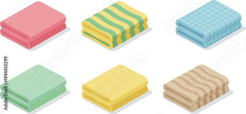 Isometric vector illustration of folded colorful bathroom towels with various patterns including stripes and grids isolated on white background for home laundry spa and hotel bathroom design concepts.