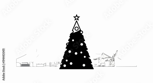 Festive tree adorns industrial port landscape with cranes