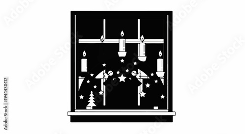 Festive window scene with candles, stars, and a small tree