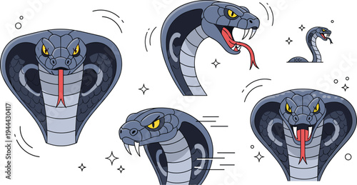Cobra snake with expanded hood and fangs dangerous reptile wildlife cartoon flat vector illustration set