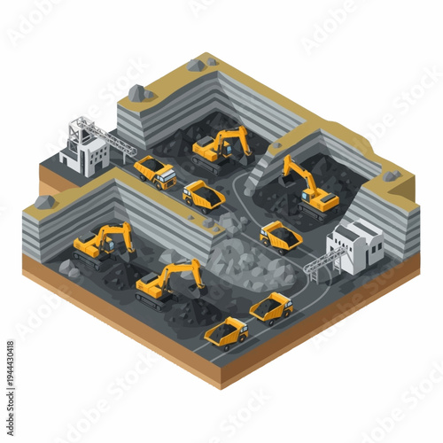 Isometric view of a large open pit mine with heavy machinery.