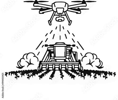 Drone overseeing automated tractor applying fertilizer to crops