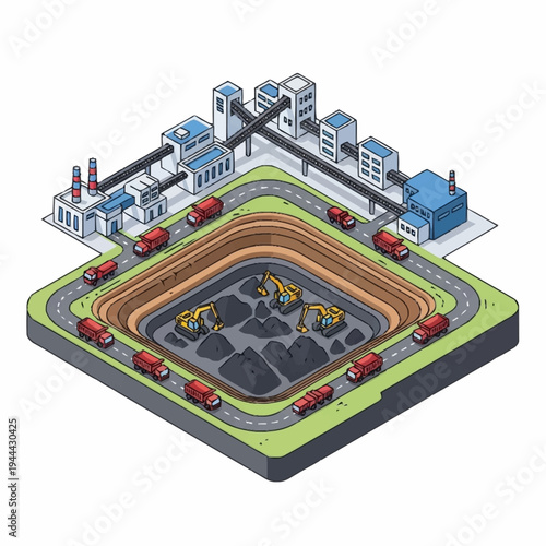 Isometric view of a large-scale open-pit mining operation with heavy machinery and transport trucks.