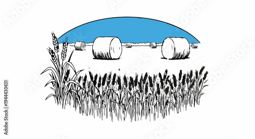 Field of golden wheat stalks and hay bales under a blue sky