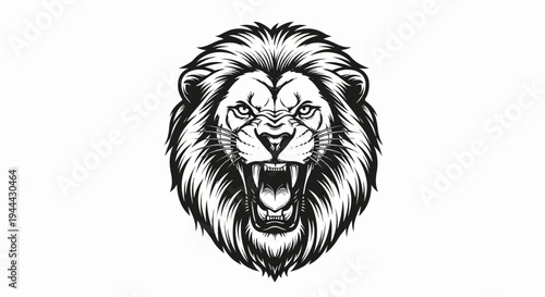 Fierce black and white roaring lion head with mane