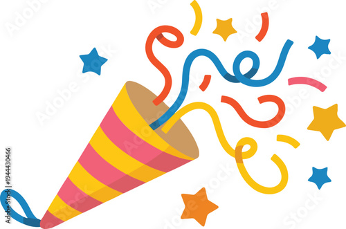 A cartoon illustration of a party popper on a white background. 