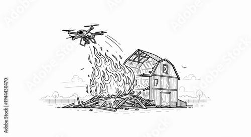 Drone hovers over burning barn and woodpile, rural scene
