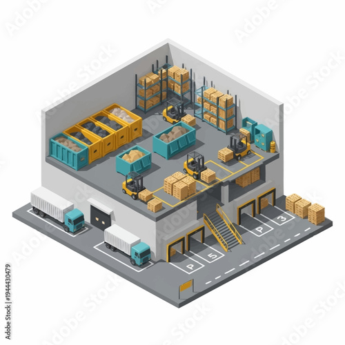 Isometric view of a modern logistics warehouse with automated systems.