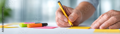 Person writing on yellow sticky note with pen, colorful markers and sticky notes on white table, close up of hands planning and organizing ideas