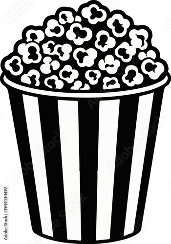 Full bucket of popcorn, black and white illustration with striped pattern