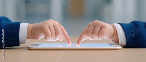 Two small children using tablet together, close up of hands touching screen, modern technology interaction, educational digital device for kids