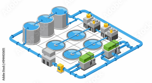 Isometric Water Treatment Plant Diagram with Tanks and Pipes.