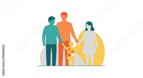 Family Supporting Autistic Child Illustration. Parents and Child with Puzzle Pieces Symbolizing Autism Spectrum Disorder, Neurodiversity, and Unconditional Care.