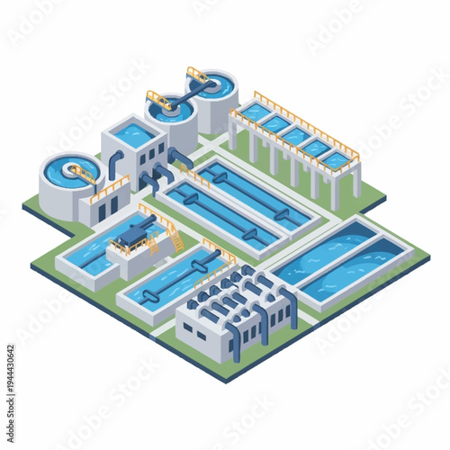 Isometric Water Treatment Plant Illustration with Filtration and Purification Processes.