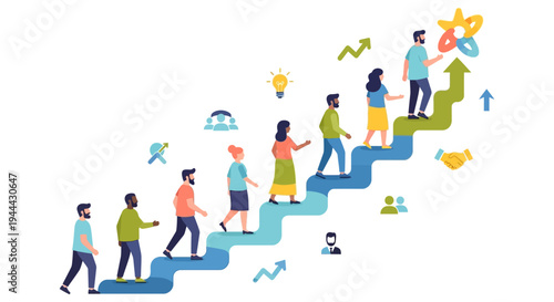 Diverse Team Progressing Upward Steps to Success, Growth & Achievement. Business Development & Career Journey Illustration.