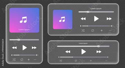 Podcast audio player bar template set glassmorphism with button play or pause and timelime. Audio player for songs, podcast playlist