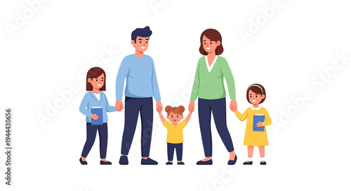 Happy Family of Five Walking Hand-in-Hand: Parents and Three Children Smiling, Isolated Flat Vector Illustration