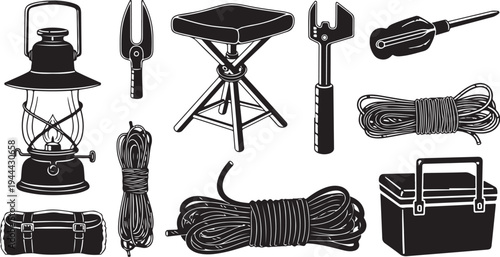 Camping equipment and tools illustration set