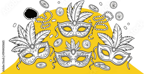 Festive masks, pearls, and coins on a bright yellow background