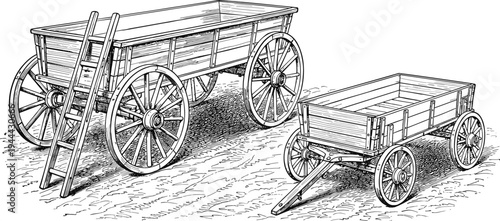Detailed black and white illustration of two vintage wooden wagons with spoked wheels, ladder, and textured ground showcasing historical transportation craftsmanship and rural heritage
