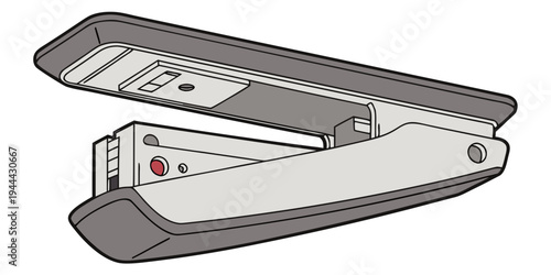 Open gray stapler with red button office supply on white background metal