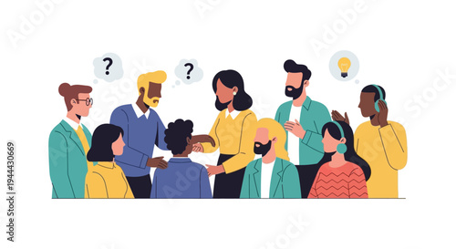 Diverse Team Brainstorming for Solutions. Collaboration, Problem Solving, and Idea Generation. Modern Flat Design Illustration.