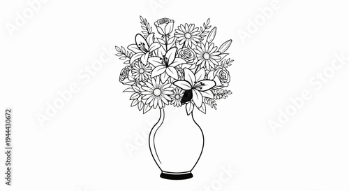 Elegant line art of a lush floral bouquet in a graceful vase