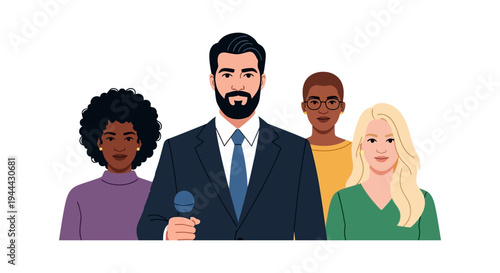Diverse Media Professionals Group with Reporter Holding Microphone. Flat Vector Illustration for News, Communication & Broadcasting.