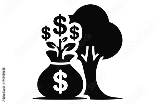 Money bag with dollar signs and growing plant beside tree representing financial growth and investment concept