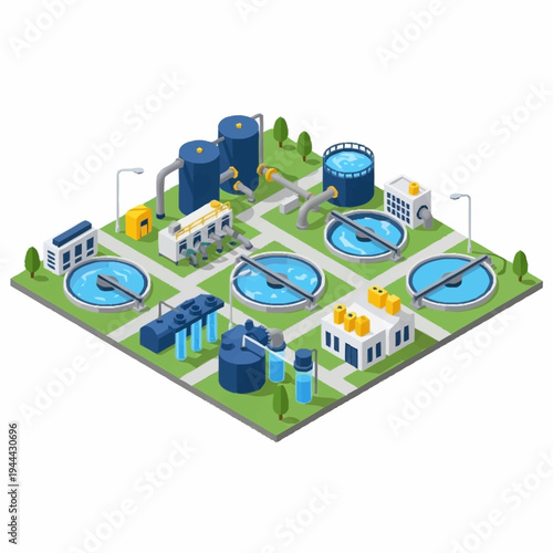 Isometric Water Treatment Plant Illustration.
