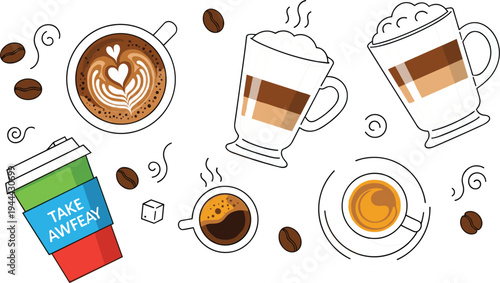 Coffee drinks set with latte cappuccino espresso takeaway cup and coffee beans cartoon vector illustration