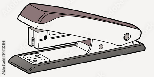 Gray and white stapler with metal base and purple office supply