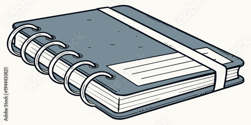 Gray spiral bound notebook with white elastic band and blank paper